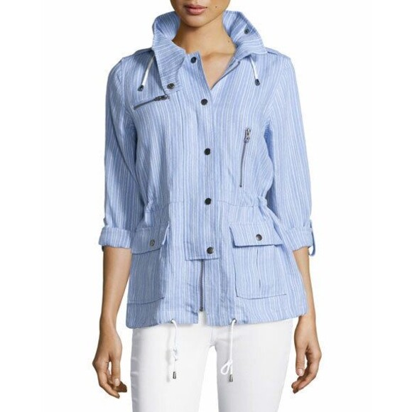 JOIE Jackets & Blazers - Joie women Anorak jacket Barker Linen Striped Hooded blue white fabric sz S New